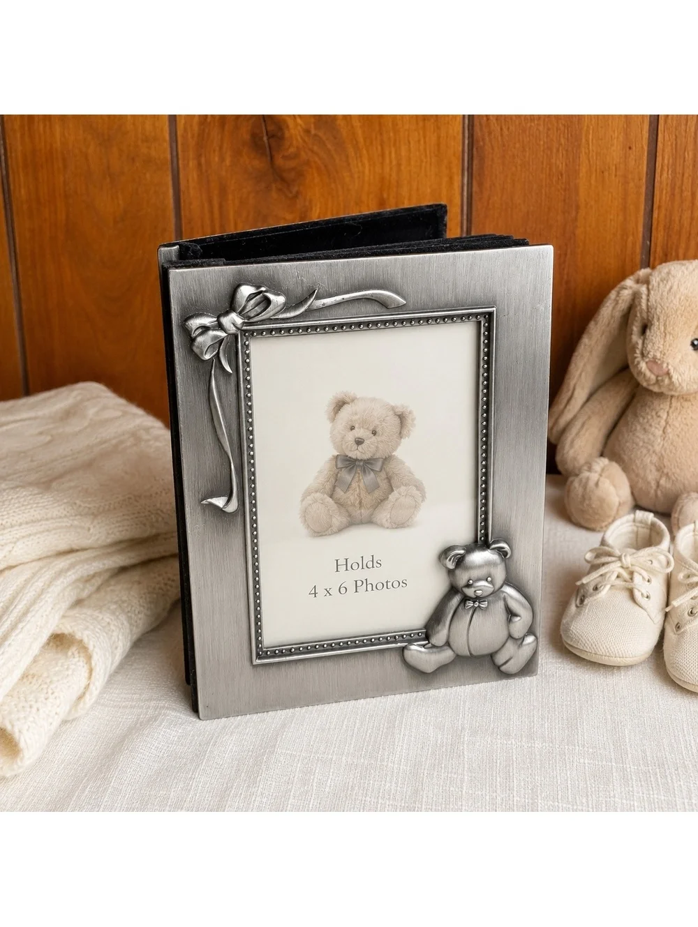 Vintage Burnes Baby Photo Album 4x6 Silver Tone Teddy Bear Bow Frame 1997